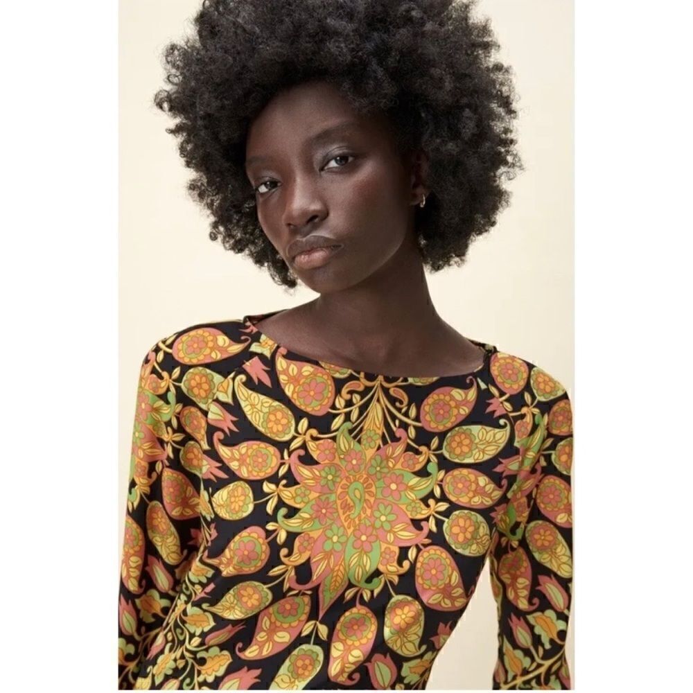 NWT Zara Blogger’s Favorite Long Sleeve Printed Multicolor Open Back Mini Dress - Picture 7 of 12